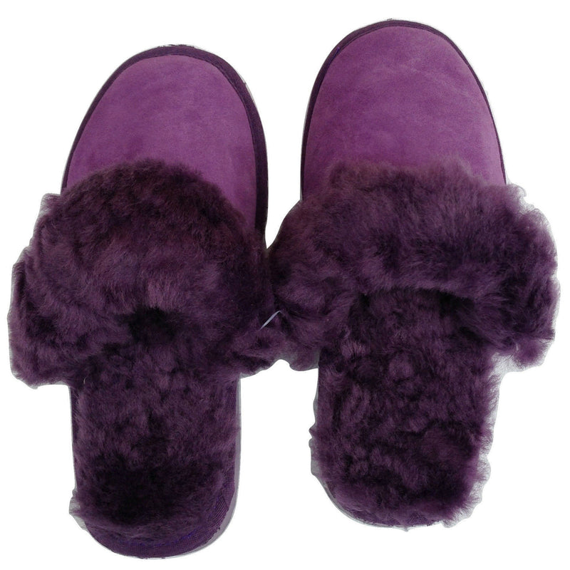 100% Sheepskin Moccasin Slippers Winter Genuine Scuffs Slip On Mens Womens - Purple (with fur) - 10