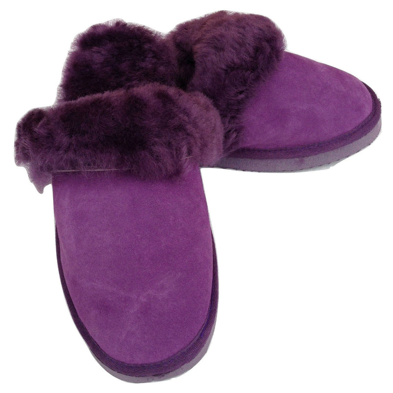 100% Sheepskin Moccasin Slippers Winter Genuine Scuffs Slip On Mens Womens - Purple (with fur) - 8