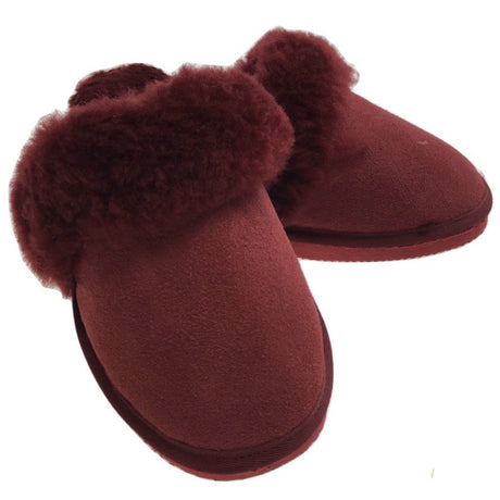 100% Sheepskin Moccasin Slippers Winter Genuine Scuffs Slip On Mens Womens - Red (with fur) - 8