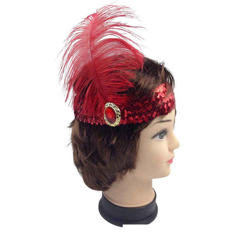 WIDE FLAPPER HEADBAND Feather Sequin Costume Gatsby Charleston Headpiece 1920s - Red