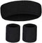 WRISTBAND & HEADBAND SET Tennis Terry Towelling Cotton Sweat Band Team Gym  - Black