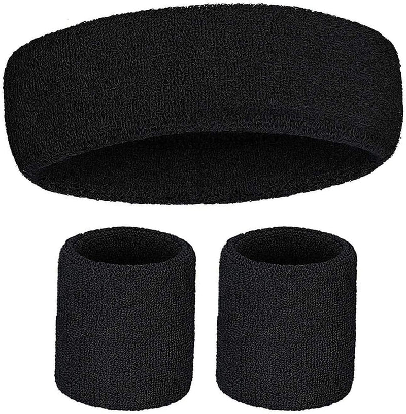 WRISTBAND & HEADBAND SET Tennis Terry Towelling Cotton Sweat Band Team Gym  - Black