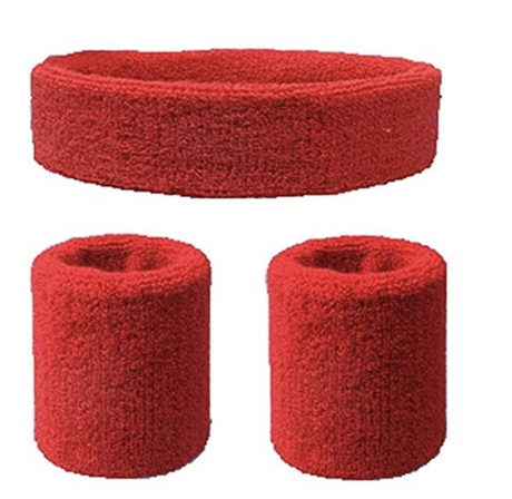 WRISTBAND & HEADBAND SET Tennis Terry Towelling Cotton Sweat Band Team Gym  - Red