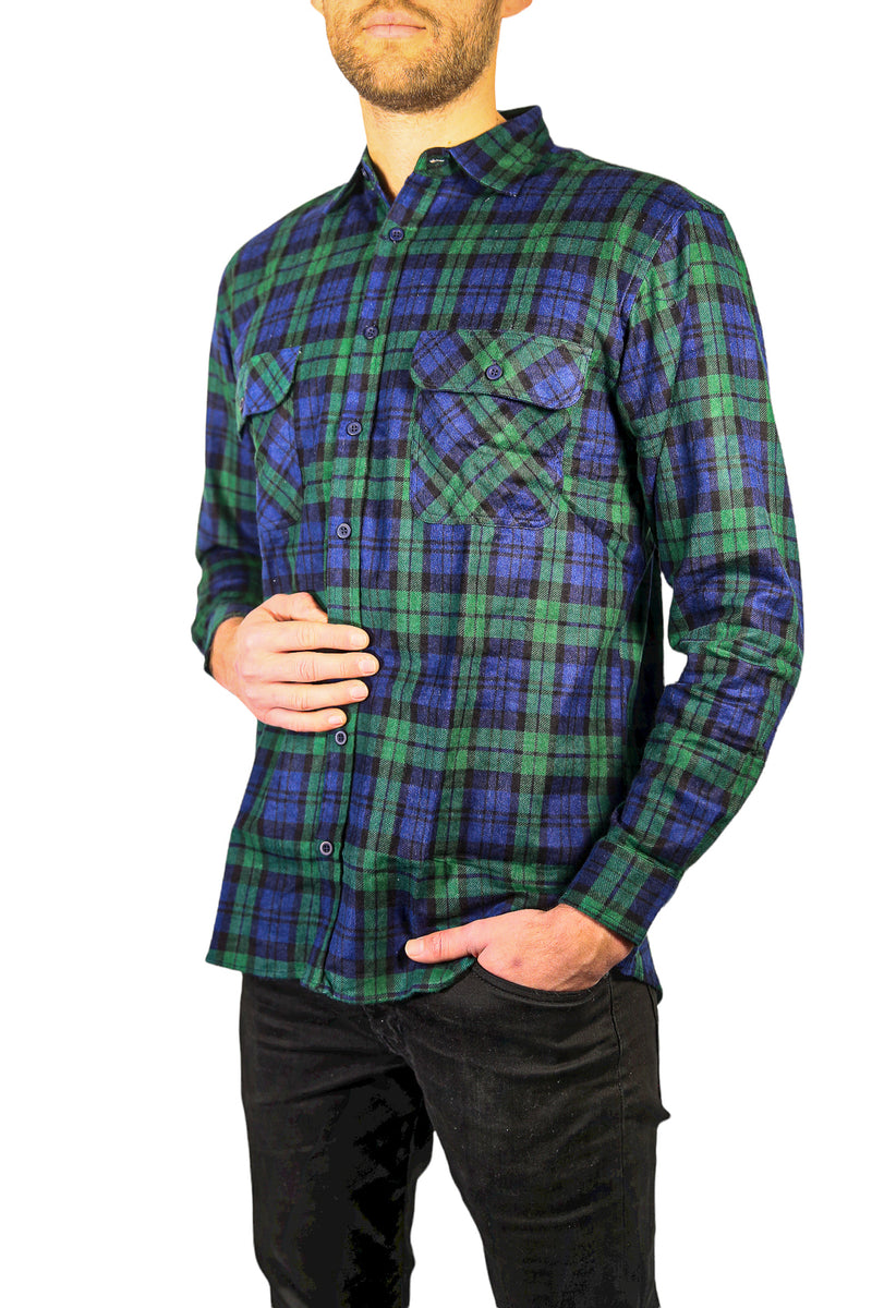 Mens Flannelette Long Sleeve Shirt 100% Cotton Check Authentic Flannel - Full Placket - Green