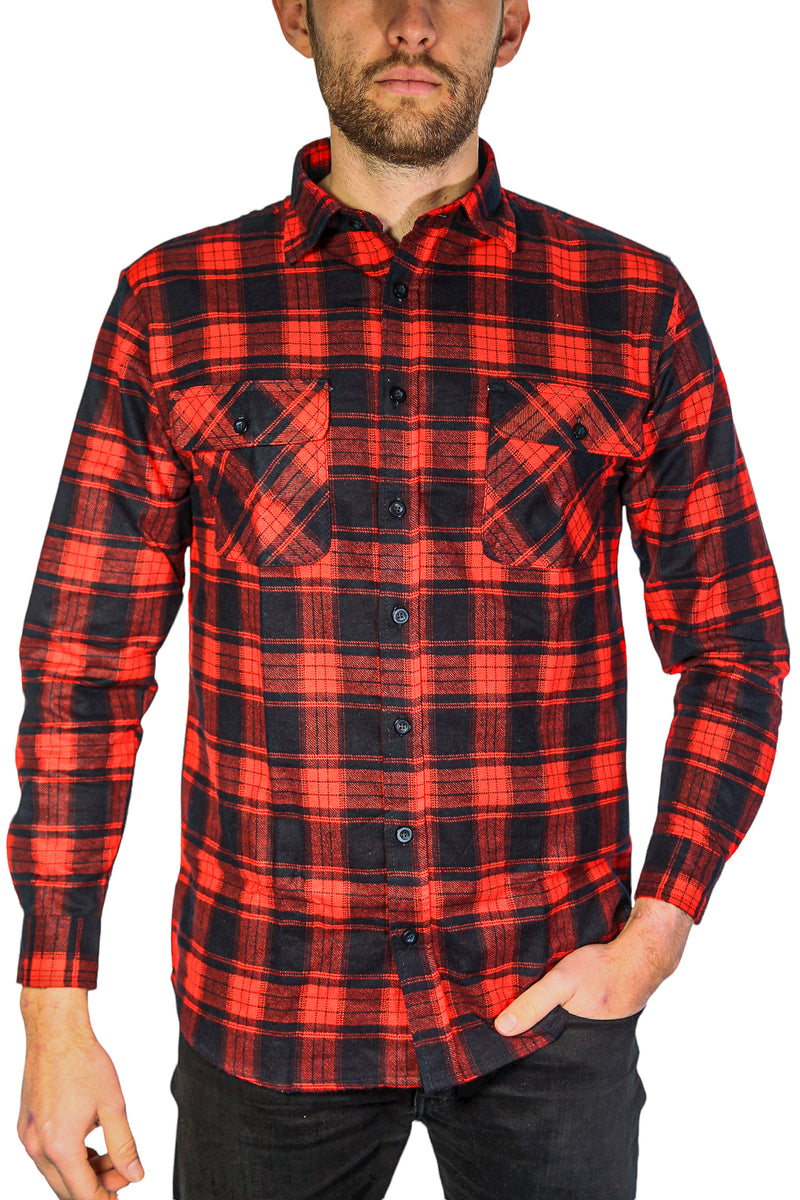 Mens Flannelette Long Sleeve Shirt 100% Cotton Check Authentic Flannel - Full Placket - Red