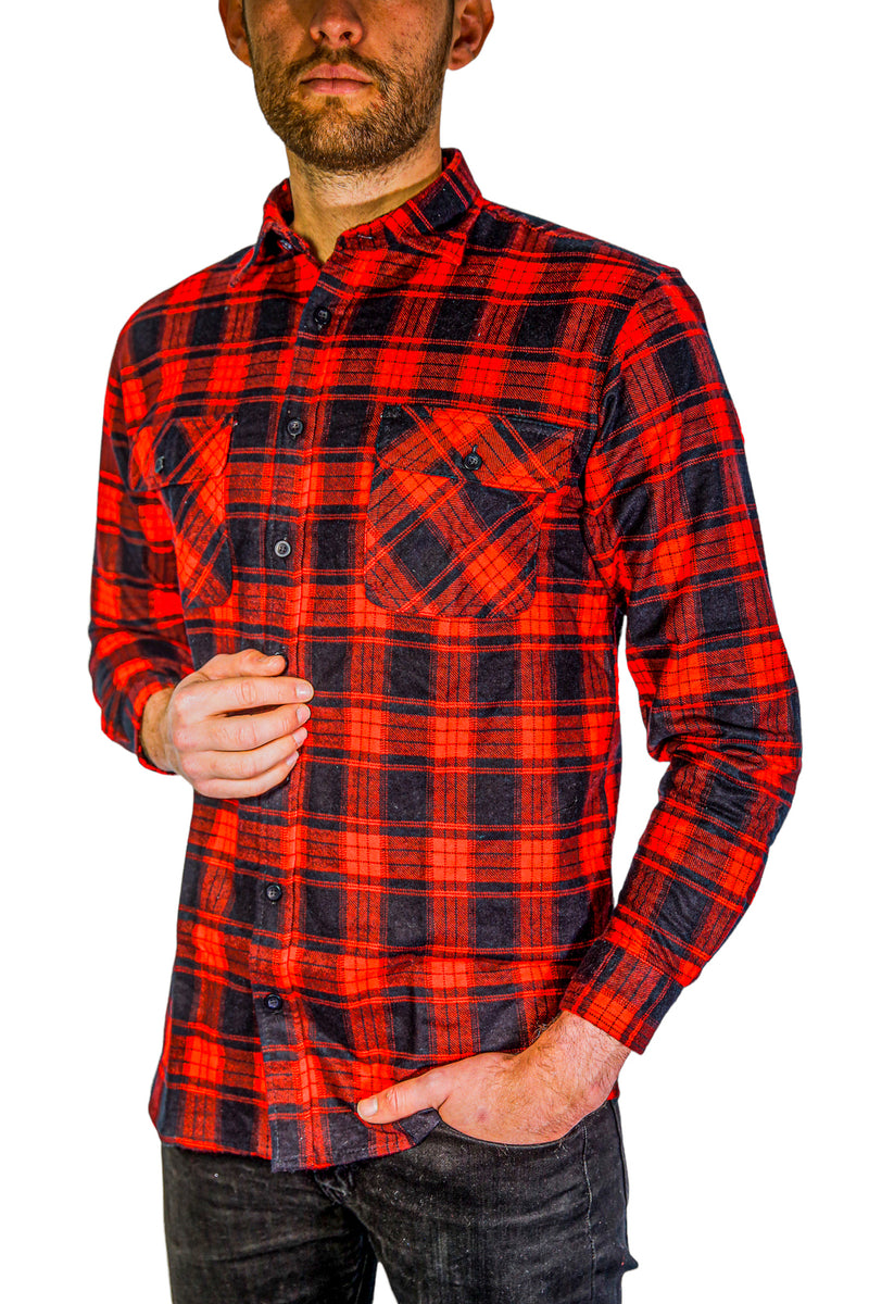 Mens Flannelette Long Sleeve Shirt 100% Cotton Check Authentic Flannel - Full Placket - Red