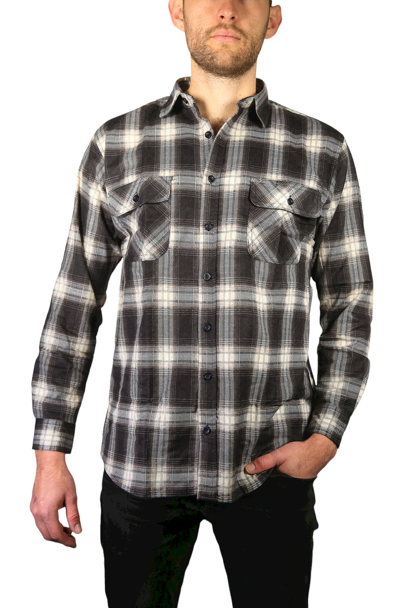 Mens Flannelette Long Sleeve Shirt 100% Cotton Check Authentic Flannel - Full Placket - Black