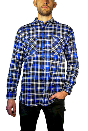 Mens 100% Cotton Flannelette Shirt Long Sleeve Check Authentic Flannel - Denim -