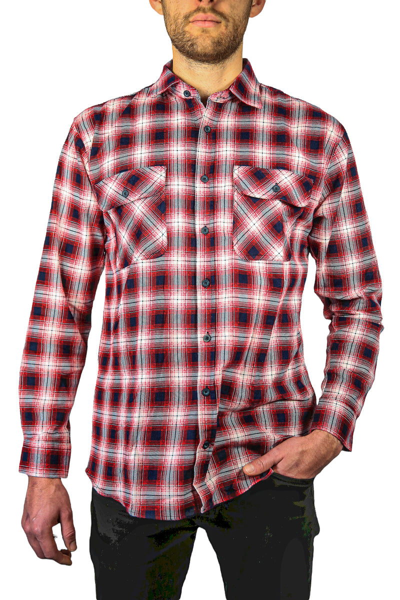 Mens 100% Cotton Flannelette Shirt Long Sleeve Check Authentic Flannel - Red/Navy