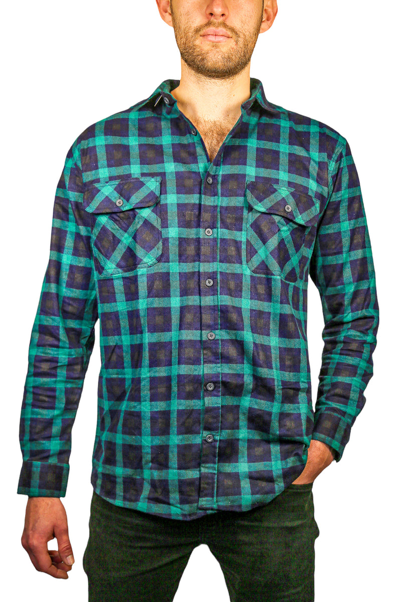 Mens 100% Cotton Flannelette Shirt Long Sleeve Check Authentic Flannel - Green/Navy