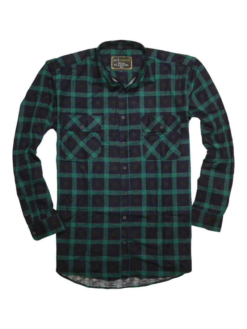 Mens 100% Cotton Flannelette Shirt Long Sleeve Check Authentic Flannel - Green/Navy