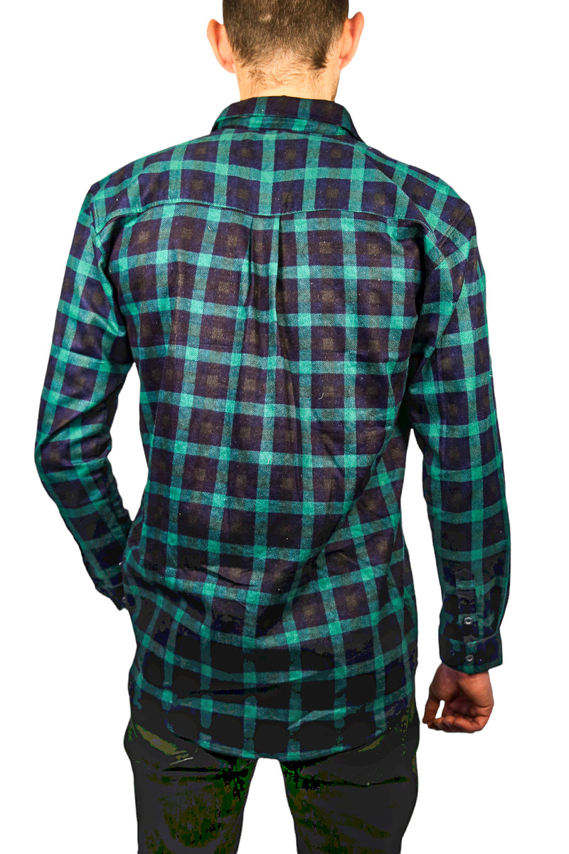 Mens 100% Cotton Flannelette Shirt Long Sleeve Check Authentic Flannel - Green/Navy