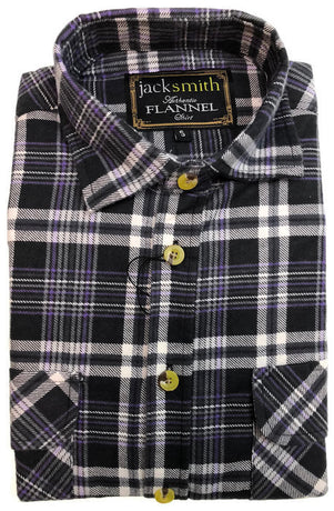 Mens Half Placket Flannelette Long Sleeve Pullover Shirt 100% Cotton Check Authentic Flannel  - Black/Purple - S