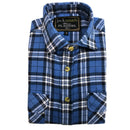 Mens Half Placket Flannelette Long Sleeve Pullover Shirt 100% Cotton Check Authentic Flannel  - White/Blue Denim - S