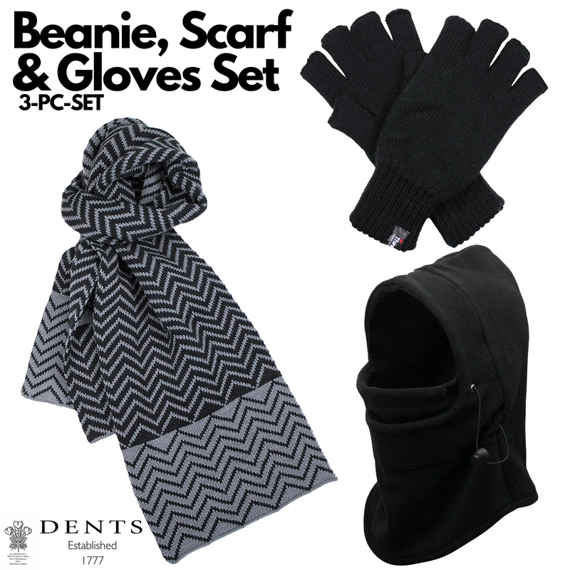 Dents 3pc Set Mens Black Thermal Windproof Beanie Hat Scarf Thinsulate Gloves