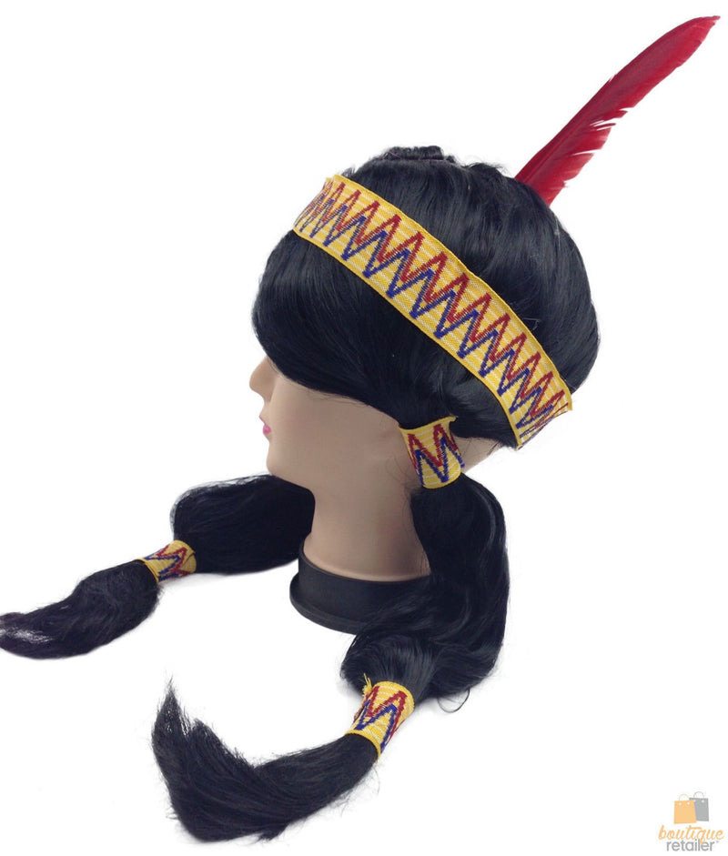 Womens Native American Wig w/ Red Feather Pigtail Indian Party Costume Hair