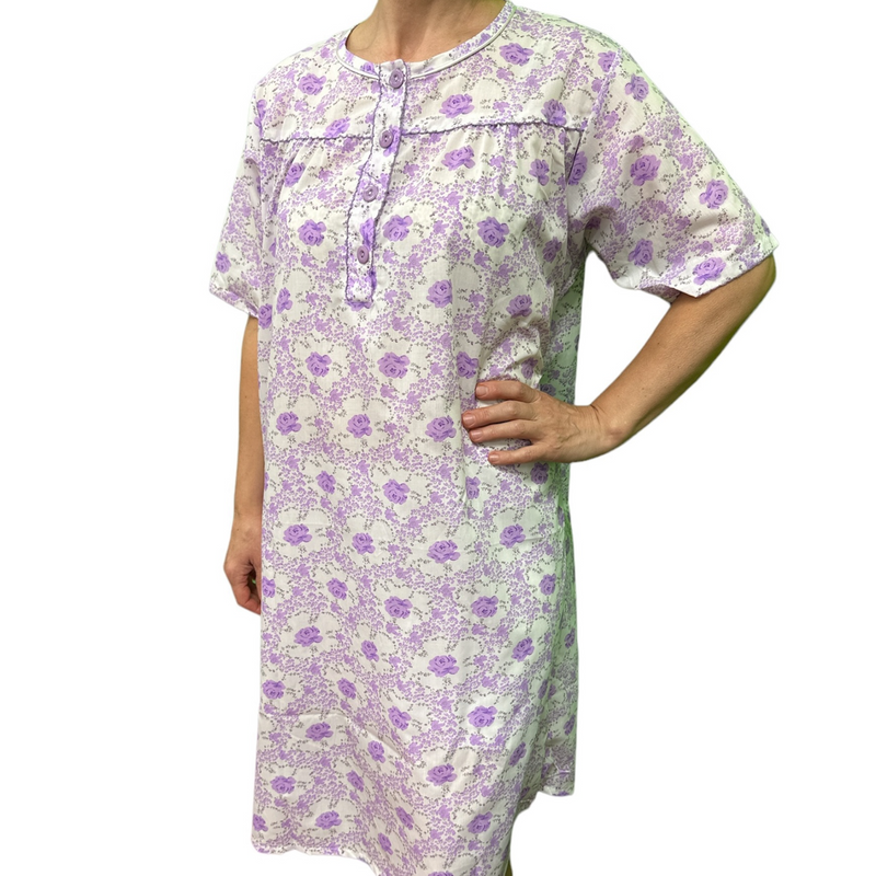 Womens 100% Cotton Short Sleeve Nightie Gown Night Sleepwear Pyjamas PJ Pajamas - Lilac - 12