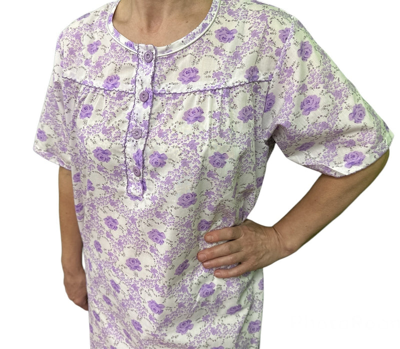 Womens 100% Cotton Short Sleeve Nightie Gown Night Sleepwear Pyjamas PJ Pajamas - Lilac - 16