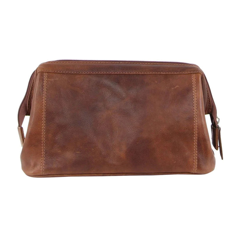 Pierre Cardin Mens Rustic Leather Toiletry Case Bag Travel - Cognac