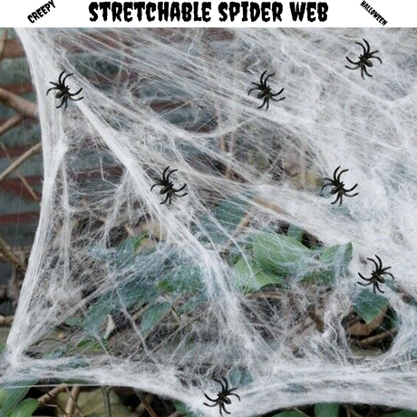 STRETCHABLE SPIDER WEB Spooky Halloween Decoration + 2 Spiders Party Decor Ghost