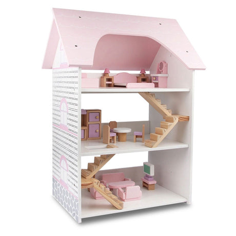 Wooden DIY Dolls Doll House 3 Level Kids Pretend Play Toys Full Furniture Set Pink