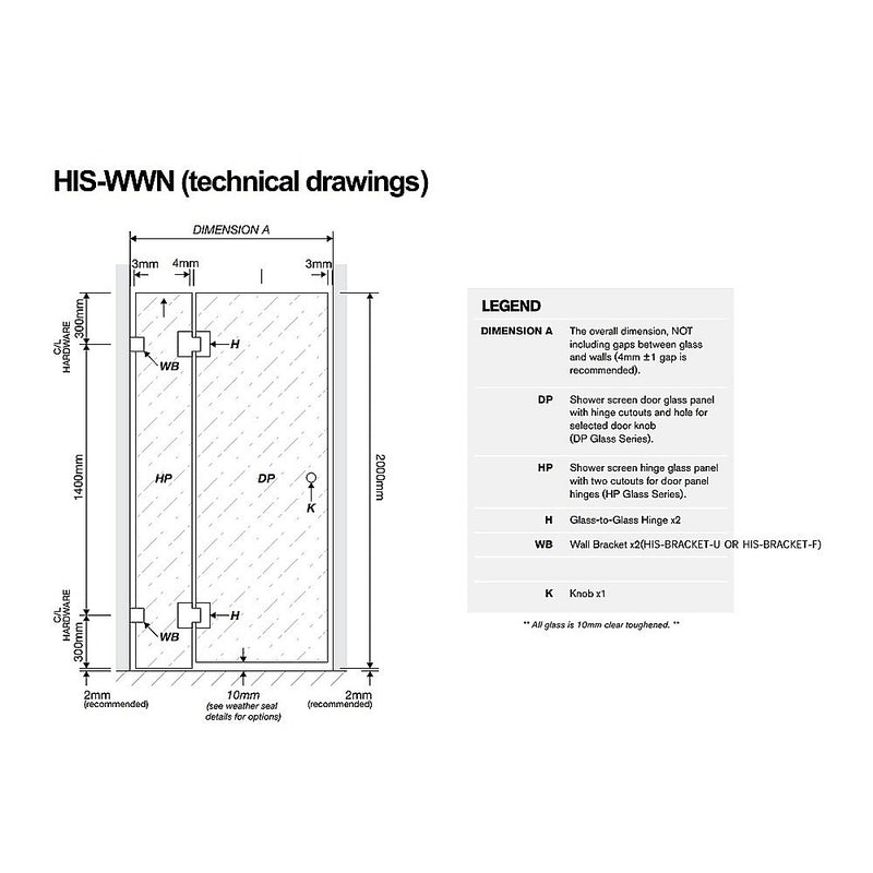 100cm Wall to Wall Frameless Shower Screen with Black Brackets and SS Hinges, Square Knob Handle