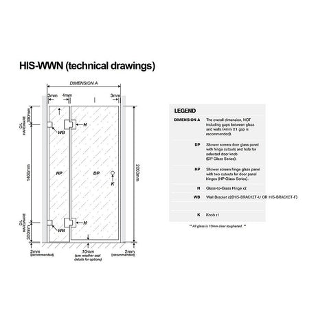 100cm Wall to Wall Frameless Shower Screen with Black Brackets and SS Hinges, Round Knob Handle