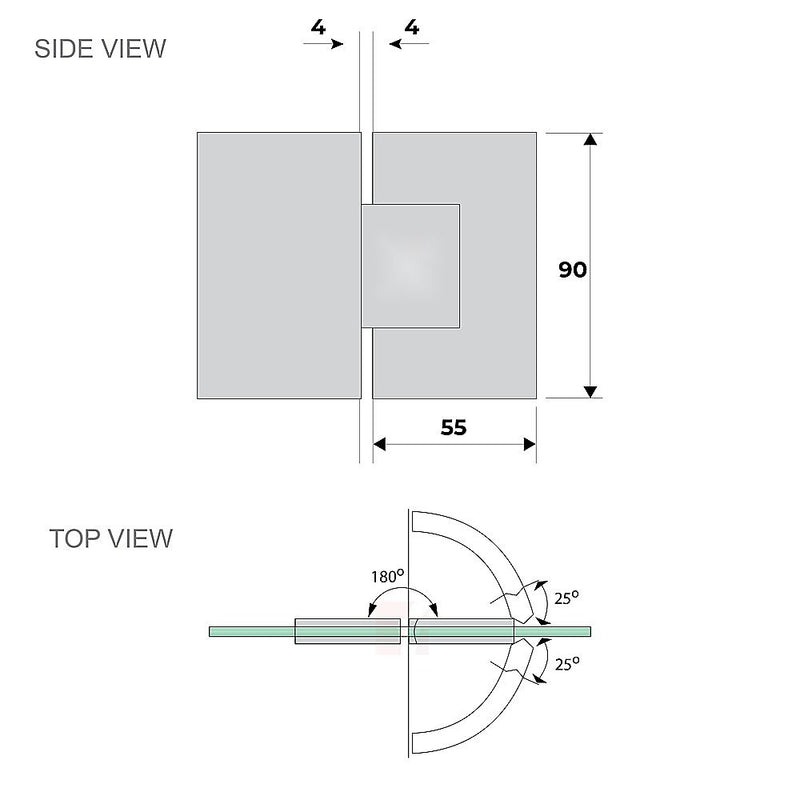 100cm Wall to Wall Frameless Shower Screen with Black Brackets and Brass Hinges, Square Knob Handle