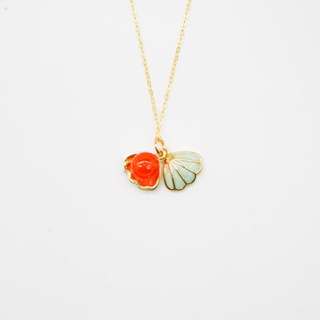 Gift Gox - Aroma Necklace 925 Silver, Gold coated - Green Shell Sunset Coral (Bright Red Orange) + Purify Oil Blend