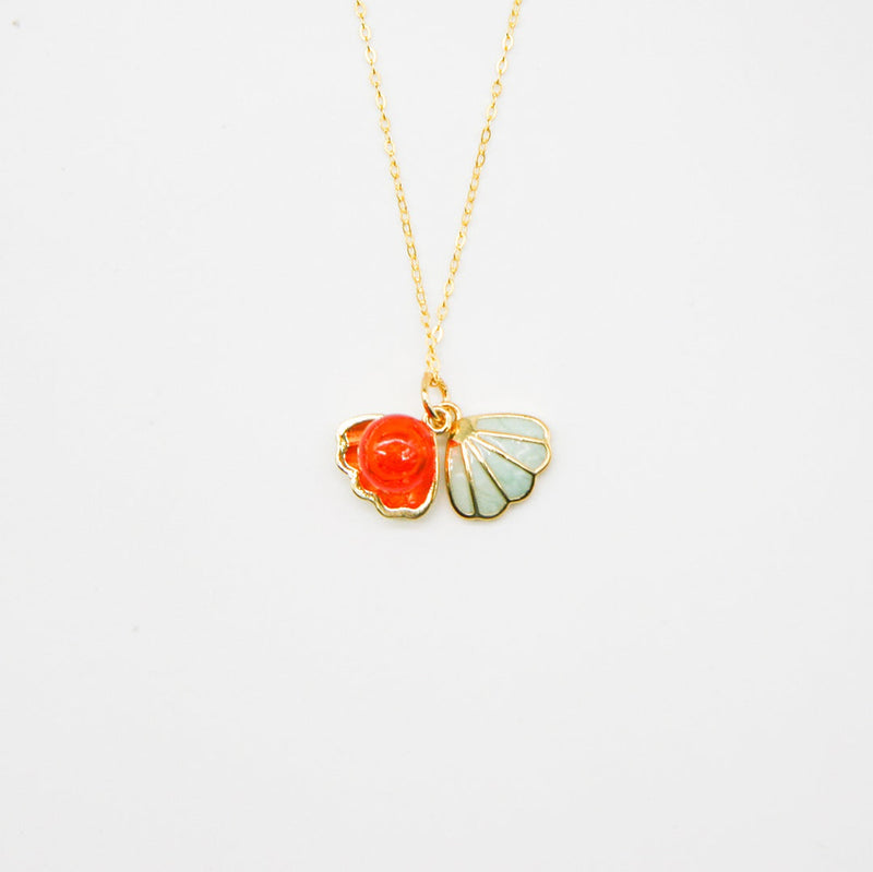 Gift Gox - Aroma Necklace 925 Silver, Gold coated - Green Shell Sunset Coral (Bright Red Orange) + Purify Oil Blend