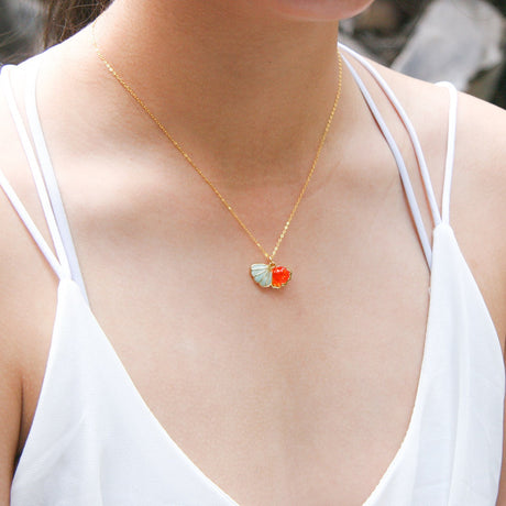 Gift Gox - Aroma Necklace 925 Silver, Gold coated - Green Shell Sunset Coral (Bright Red Orange) + Purify Oil Blend