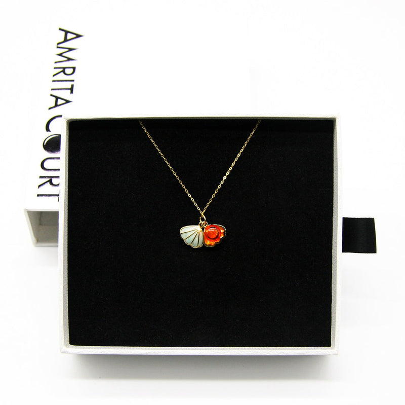 Gift Gox - Aroma Necklace 925 Silver, Gold coated - Green Shell Sunset Coral (Bright Red Orange) + Purify Oil Blend