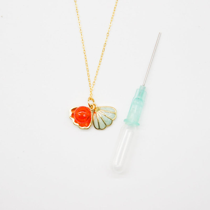 Gift Gox - Aroma Necklace 925 Silver, Gold coated - Green Shell Sunset Coral (Bright Red Orange) + Purify Oil Blend