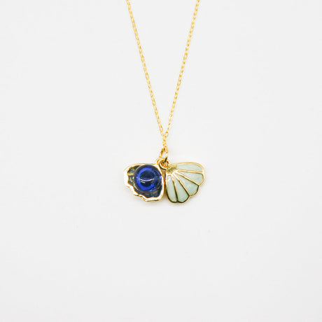 Gift Gox - Aroma Necklace 925 Silver, Gold coated - Green Shell Ocean Depth (Dark Blue) + Purify Oil Blend