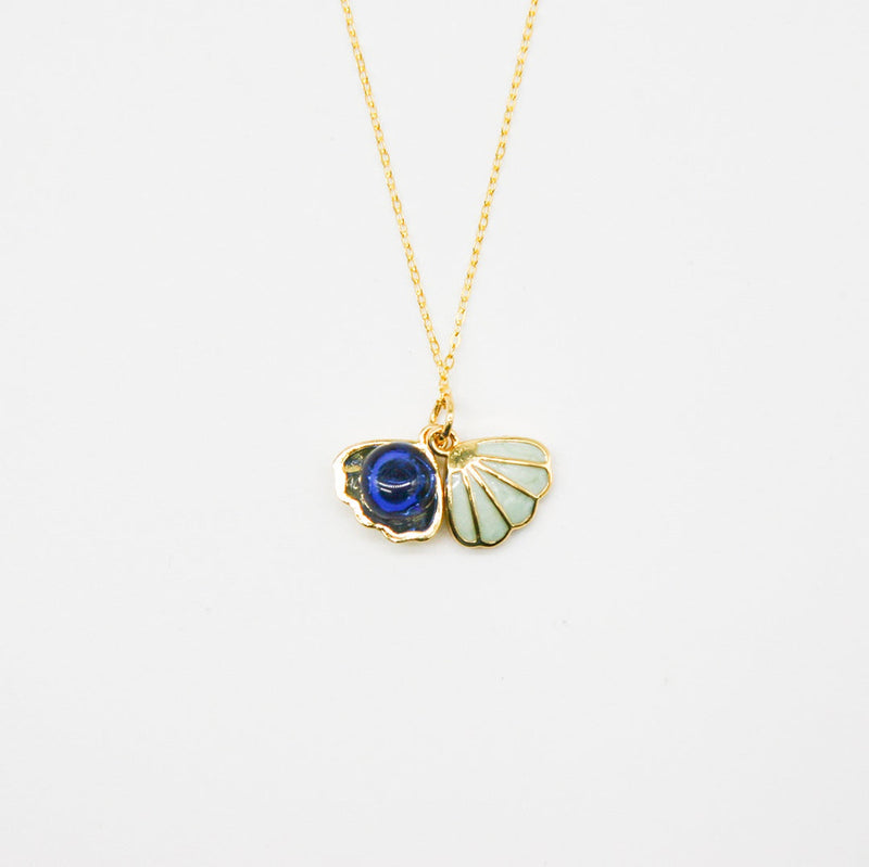 Gift Gox - Aroma Necklace 925 Silver, Gold coated - Green Shell Ocean Depth (Dark Blue) + Purify Oil Blend