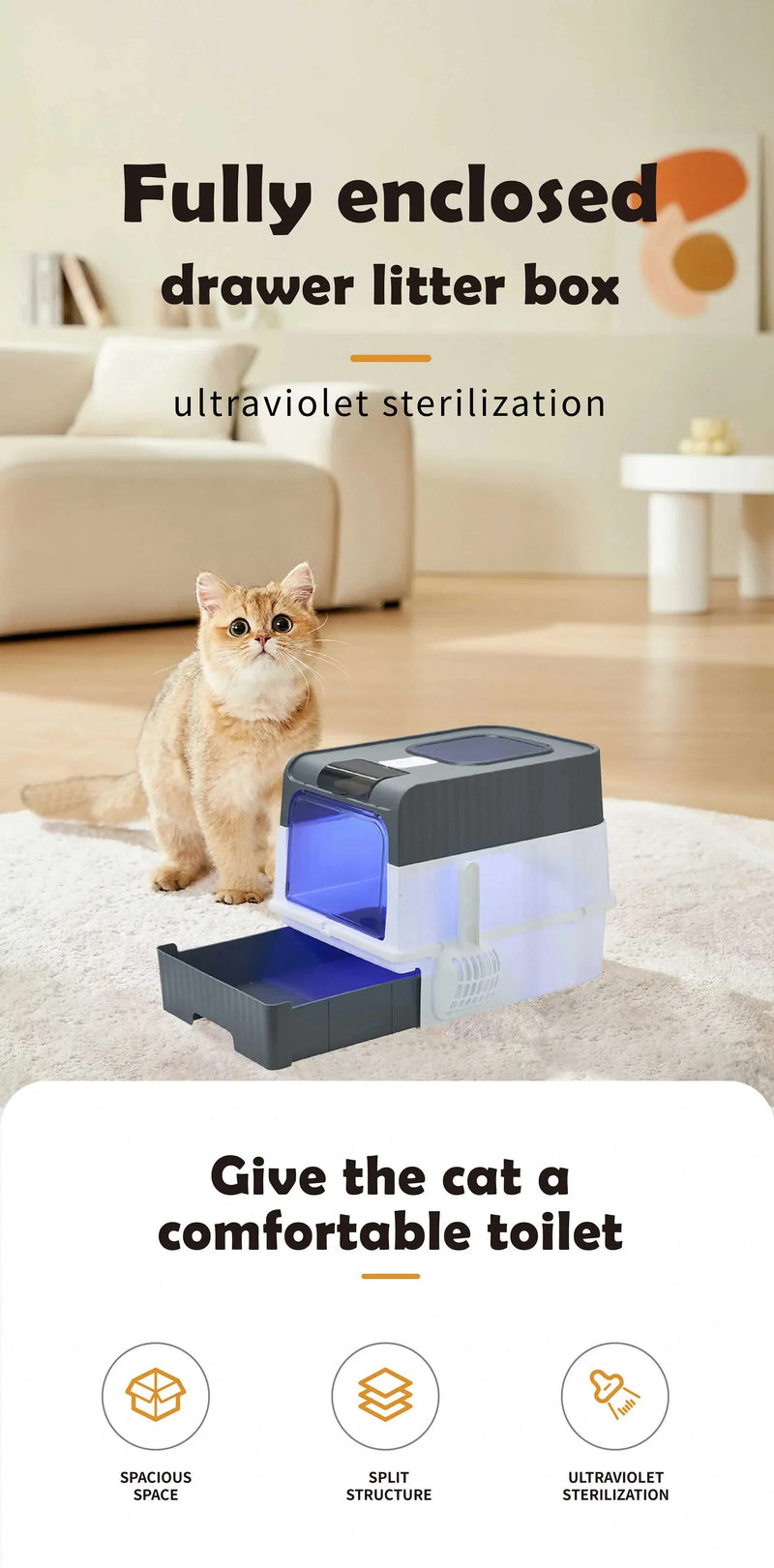 Automatic UV Sterilizing Cat Litter Box -Enclosed Design, Odor Control, and UV Germicidal Technology