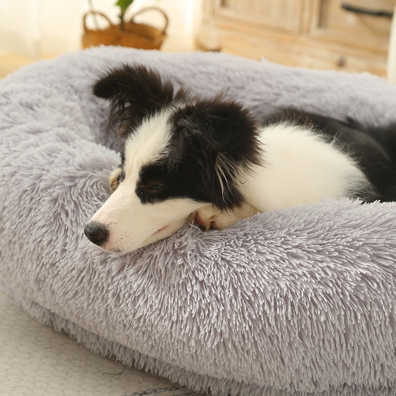 Fluffy Donut-Shaped Pet Bed- Soft, Cozy, and Anti-Anxiety for Dogs and Cats, Machine Washable  Light Gray  Size:L 90*65*20cm