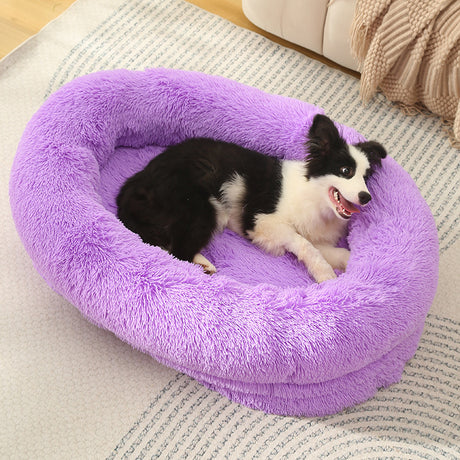 Fluffy Donut-Shaped Pet Bed- Soft, Cozy, and Anti-Anxiety for Dogs and Cats, Machine Washable  Purple  Size:M 75*55*18cm