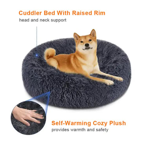 Calming Donut Pet Bed -Soft Faux Fur, Anti-Anxiety Fluffy Round Bed for Cats and Small Dogs (Apricot)40cm