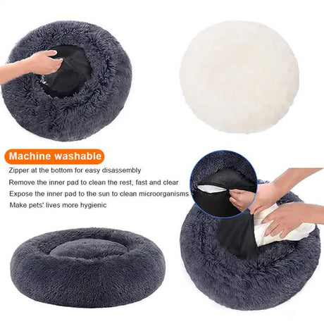 Calming Donut Pet Bed -Soft Faux Fur, Anti-Anxiety Fluffy Round Bed for Cats and Small Dogs (Beige Brown)50cm