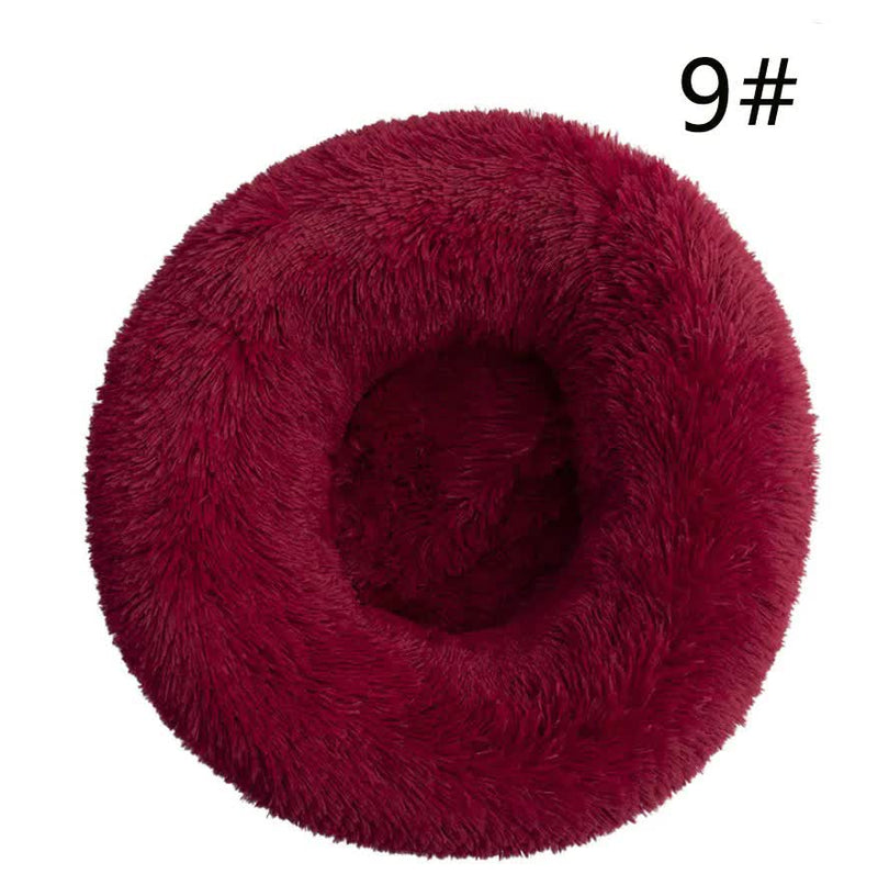 Calming Donut Pet Bed -Soft Faux Fur, Anti-Anxiety Fluffy Round Bed for Cats and Small Dogs (Wine Red)50cm