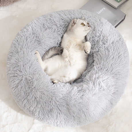 Calming Donut Pet Bed -Soft Faux Fur, Anti-Anxiety Fluffy Round Bed for Cats and Small Dogs (khaki)40cm