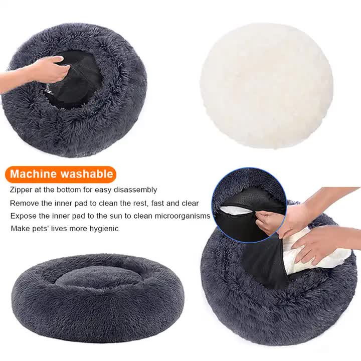 Calming Donut Pet Bed -Soft Faux Fur, Anti-Anxiety Fluffy Round Bed for Cats and Small Dogs (blue)40cm