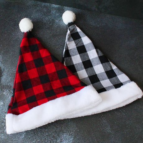 2 Pack Plaid Santa Hats for Adults, Buffalo Check Christmas Hats with White Fur Trim