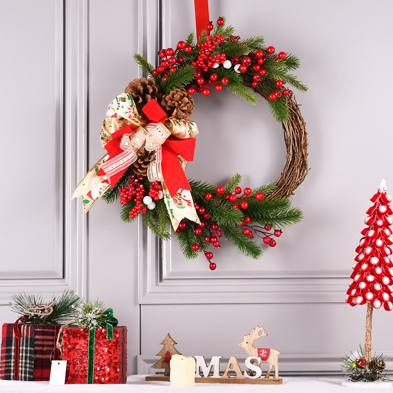 Christmas Wreath with Pine Cones, Red Berries, and Festive Bow - 40cm Holiday Door Decor