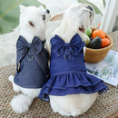 Pet Denim Harness Dress Set (2 Pieces) - XL Size (52cm Chest for 10-14 lb Pets) with T-Shirt and Skirt, Bow,and Leash Ring