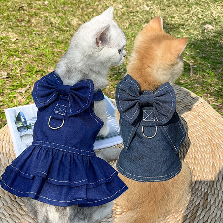 Pet Denim Harness Dress Set (2 Pieces) - 2XL Size (60cm Chest for 14-20 lb Pets) with T-Shirt and Skirt, Bow,and Leash Ring