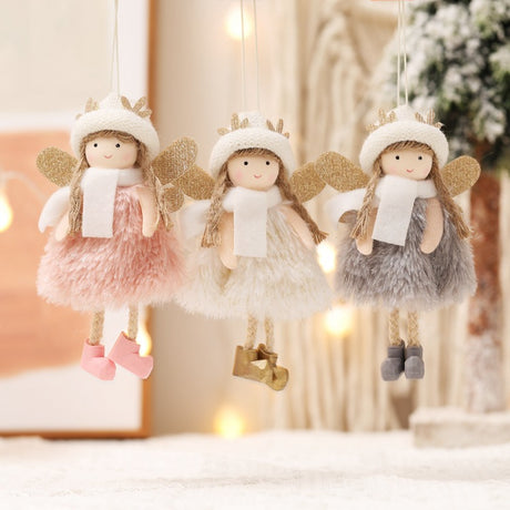 Winter Angel Ornament with Gold Glitter Wings and White Scarf - Christmas Tree Hanging Decoration 15*9 cm White colour (5 pieces)