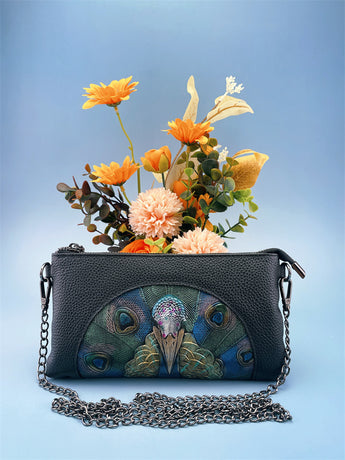 Women's Embossed Peacock Leather Wristlet Clutch - Elegant and Artistic Handbag 23*12*2cm