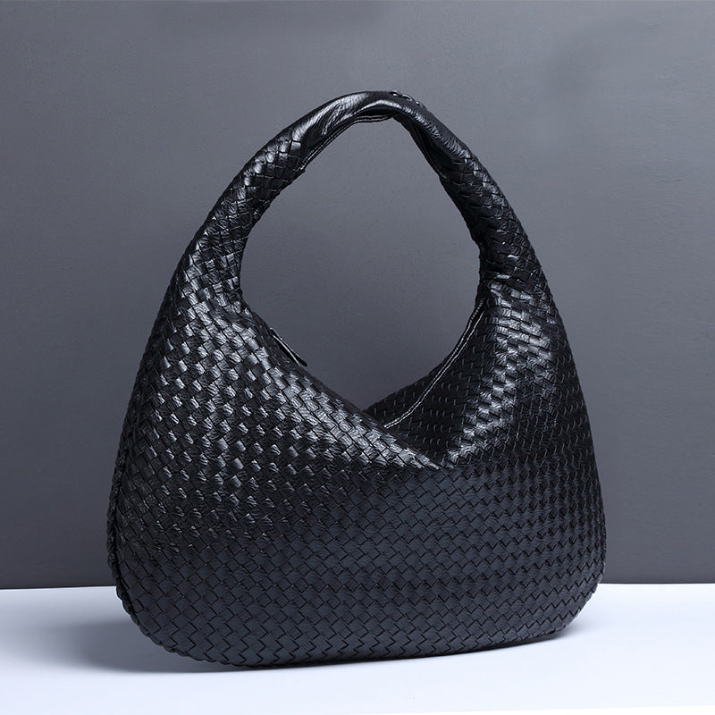 Black Elegant Woven PU Leather Hobo Bag - Stylish Large-Capacity Shoulder Handbag for Women